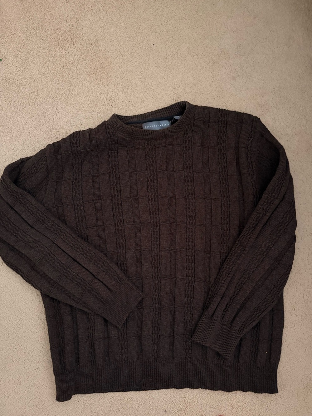 Oscar de la Renta Dark Brown Cable-Knit Crewneck Sweater